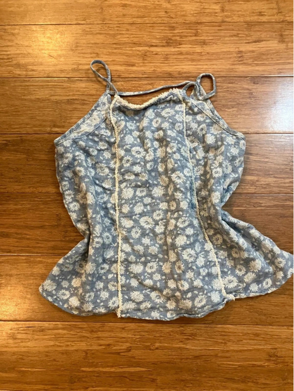 Doe & Rae Womens M Floral Cami Tank Blue Cream Cotton Spaghetti Strap Top